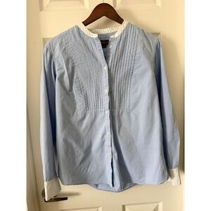 Gap Women Blue Cotton Pintuck Tuxedo Shirt Band Collar White Cuff Large